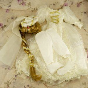 White Princess Gown With Long Braided Hair For Doll